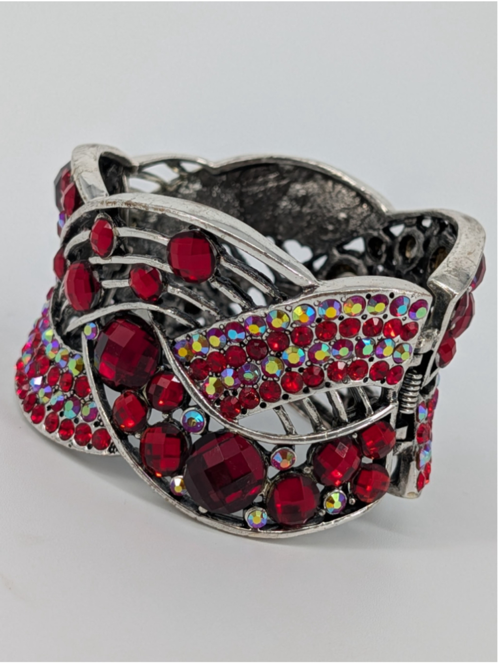 Red Rhinestone Wide Cuff Bracelet Silver Tone AB Crystal Y2K Glam Statement